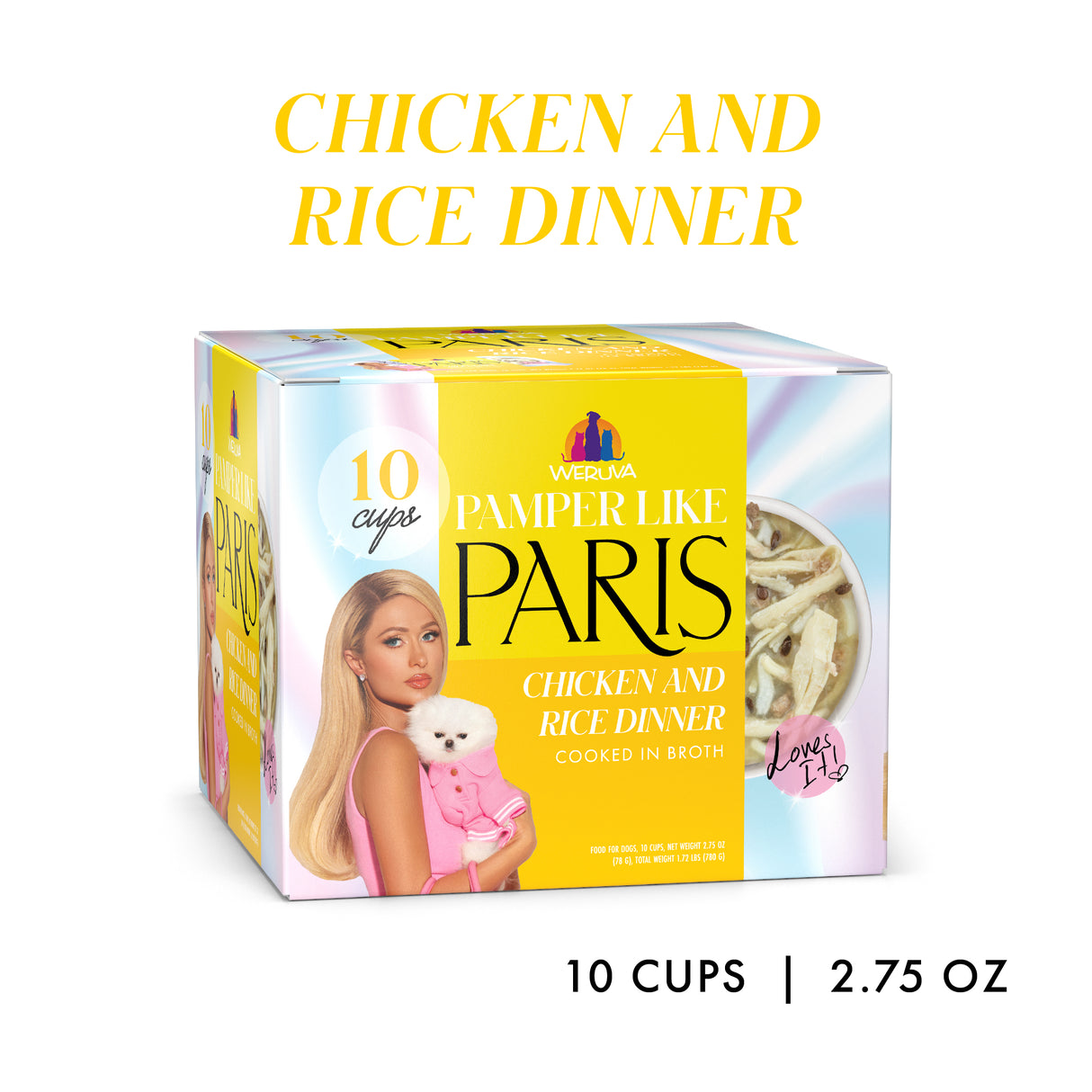 A 10-cup box of Weruva Chicken and Rice Dinner cat food, made with cage-free chicken in broth. Each cup is 2.75 oz.