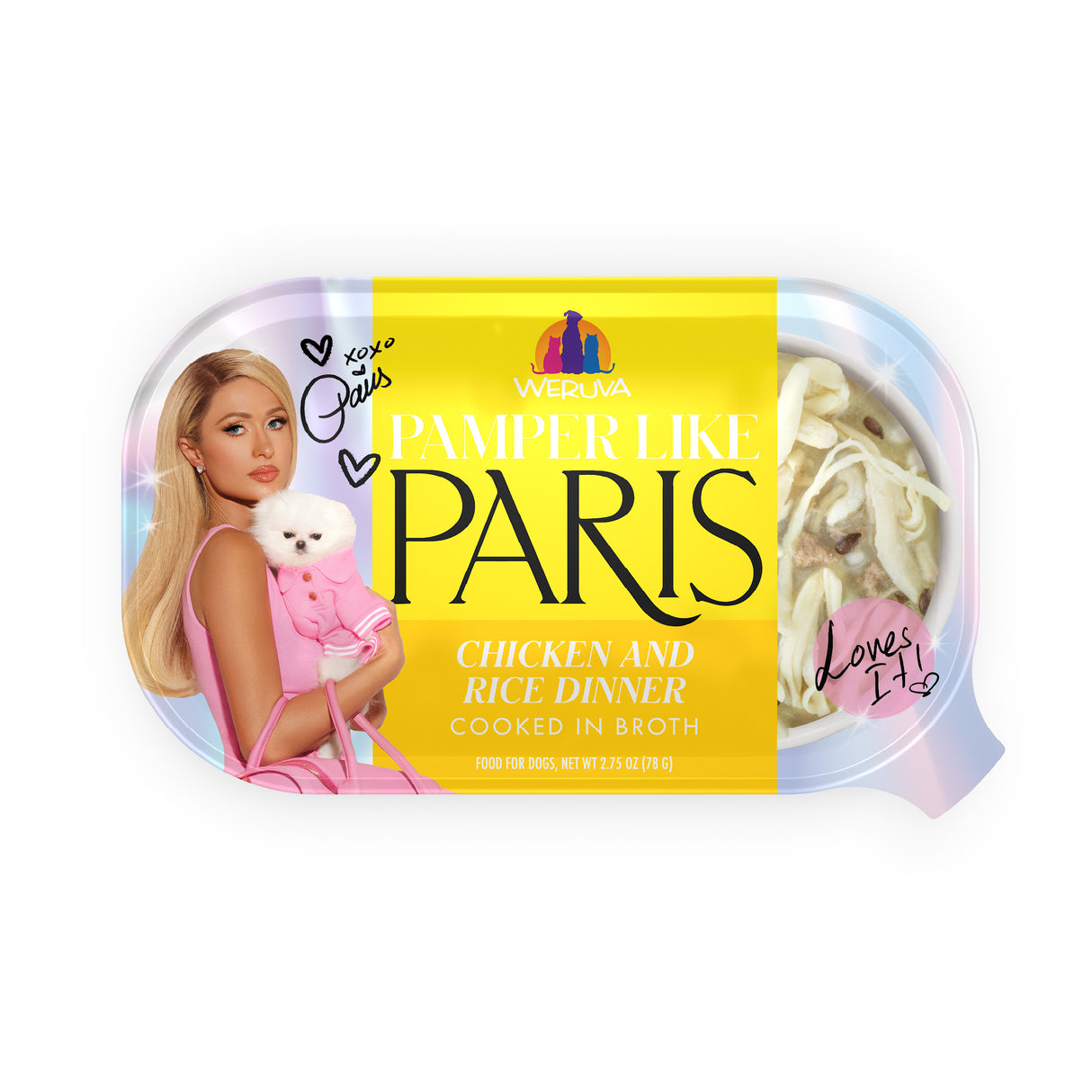 Weruva Chicken and Rice Dinner dog food comes in a plastic container featuring a woman in pink with a white dog and handwritten phrases like “xoxo Paris” and “Loves It!”. Made with cage-free chicken.