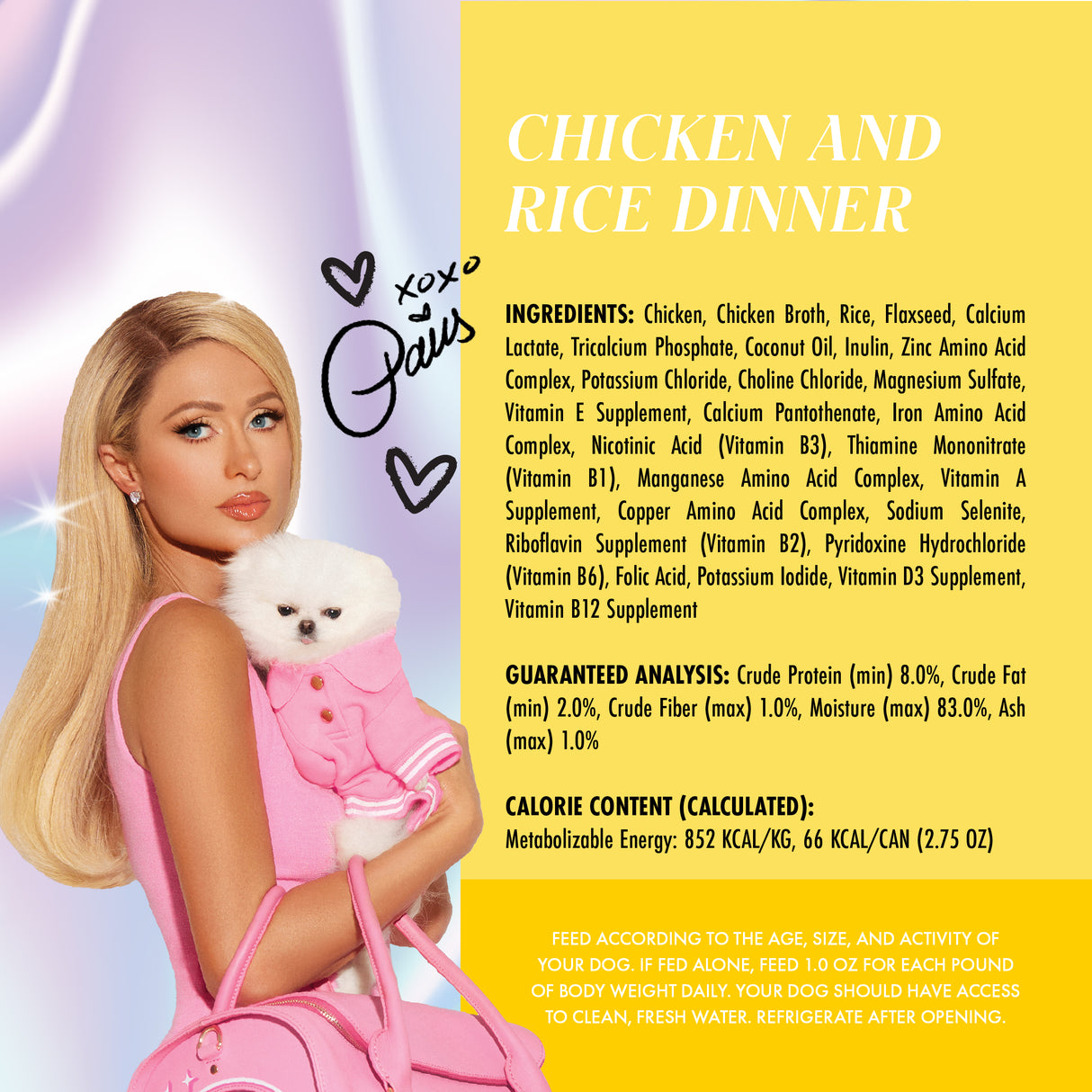 A glamorous blonde woman in a pink outfit holds a small white dog in a pink purse. The Weruva Chicken and Rice Dinner pet food label shows ingredients and nutrition info on a yellow background.