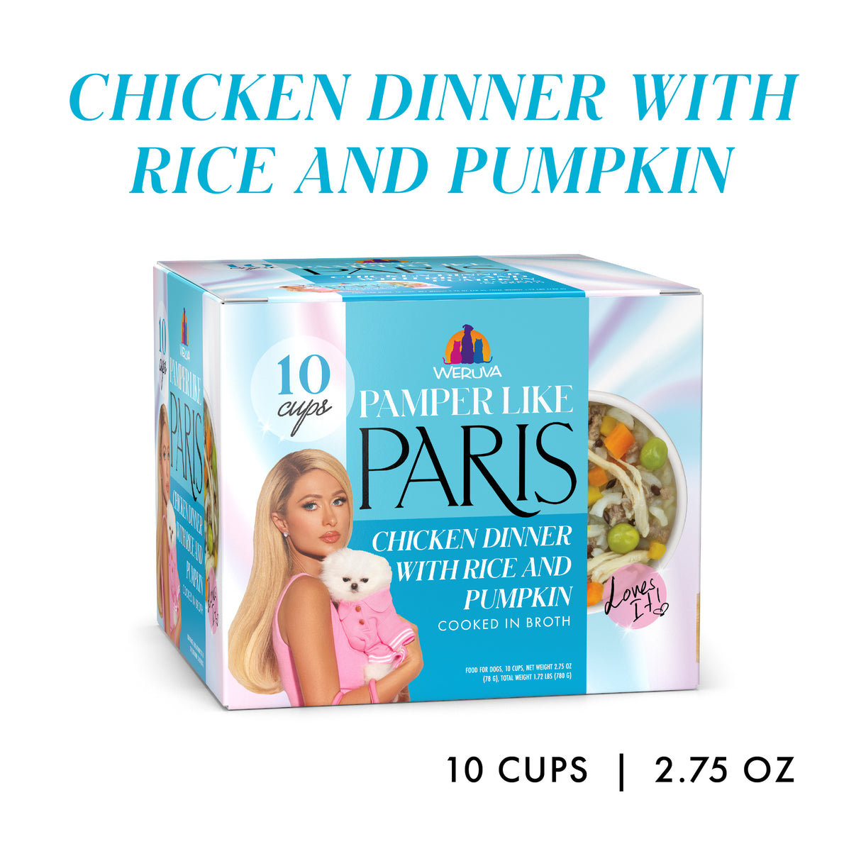 Box of Weruva Chicken Dinner with Rice and Pumpkin cat food—contains 10 cups (2.75 oz each) cooked in broth. Features a woman holding a white cat on the front.