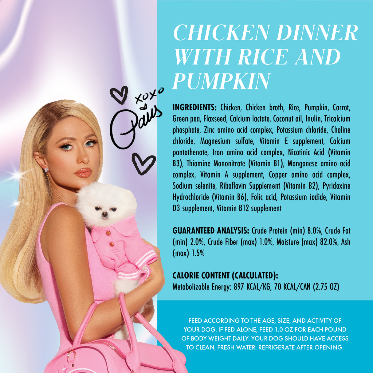 A glamorous woman with long blonde hair in pink holds a white cat against a blue background. Beside her is nutritional info and ingredients like cage-free chicken and pumpkin for Weruva’s wholesome Chicken Dinner with Rice and Pumpkin dog meal.