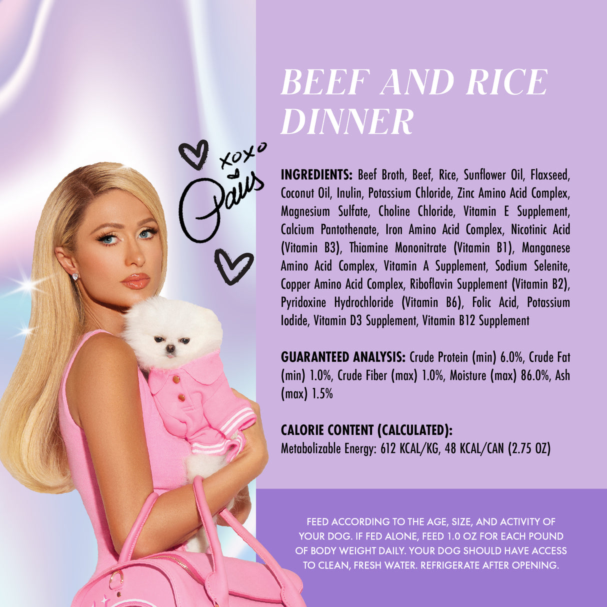 A glamorous woman with long blonde hair holds a small white dog and a pink purse. Beside her, Weruva Beef and Rice Dinner is displayed above coconut oil ingredients, nutrition facts, and feeding instructions on a purple background.