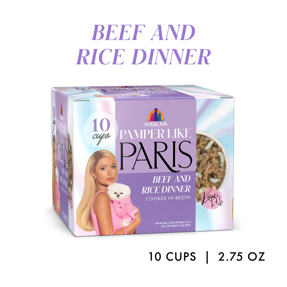 A Weruva Beef and Rice Dinner package shows a woman with a white cat. The box contains 10 cups (2.75 oz each) of nutritious beef and rice cat food in savory broth.