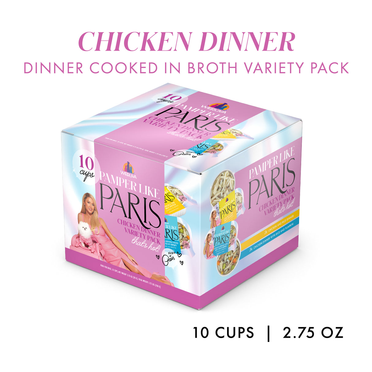 A box of Weruva Chicken Dinner variety pack cat food comes with 10 cups (2.75 oz each) in pink and white packaging featuring flavorful chicken recipes.