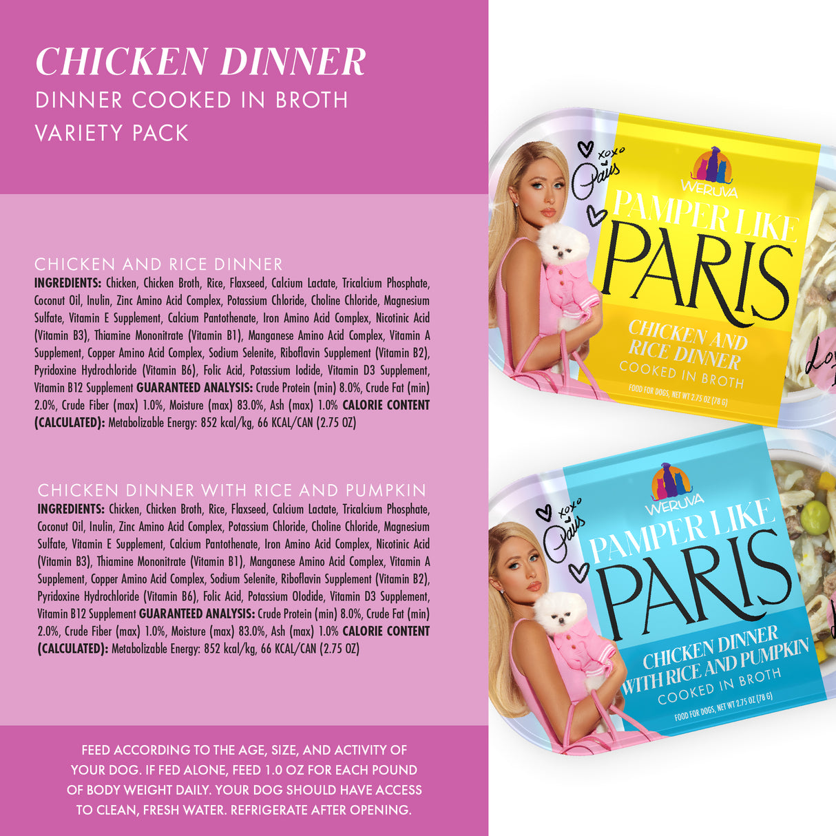 Two vibrant boxes of Weruva Chicken Dinner dog food are displayed with stylish packaging showing a chic woman holding a small white dog. Ingredients and feeding guidelines appear next to the boxes on a pink background.