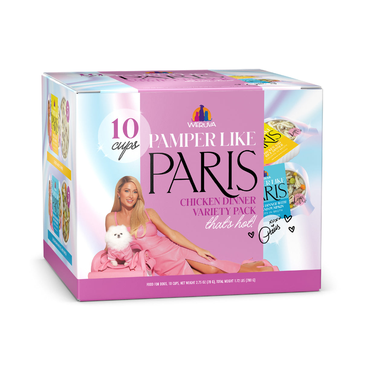 A colorful Chicken Dinner box by Weruva, inspired by Paris Hilton, shows a woman in pink with a white dog. It features 10 cups of tasty chicken recipes in pink and purple packaging decorated with heart doodles.