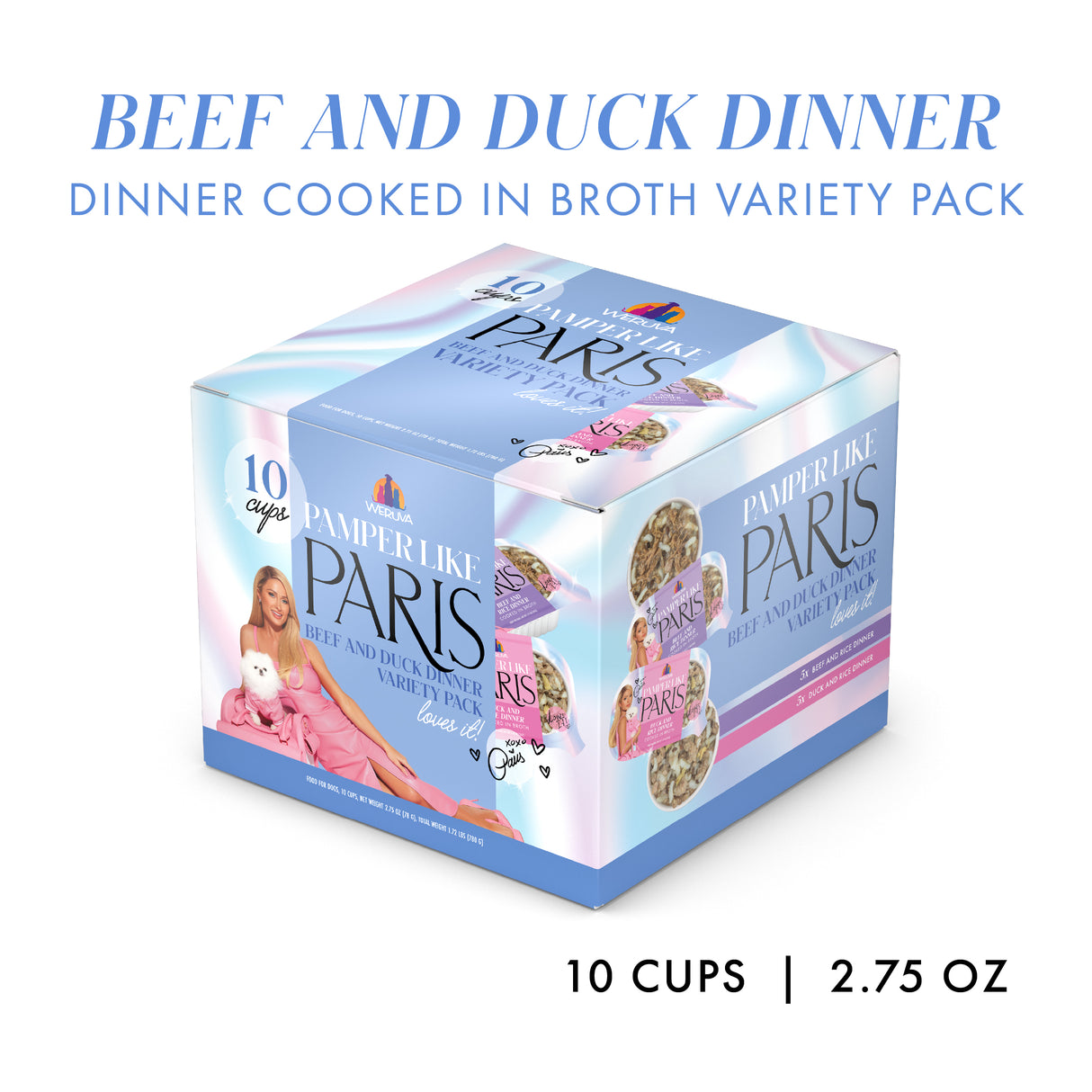 A purple and blue Weruva box labeled Beef and Duck Dinner for dogs, featuring a woman holding a dog. Text reads 10 cups | 2.75 oz.