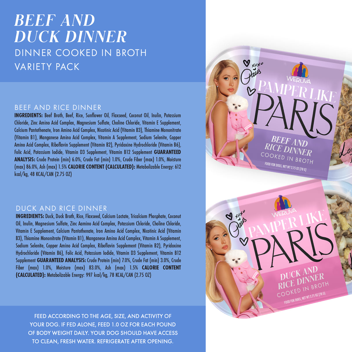 Weruva’s Beef and Duck Dinner dog food features Paris Hilton illustrated with a dog on blue and white packaging. Ingredient lists and feeding instructions are included for these indulgent varieties.