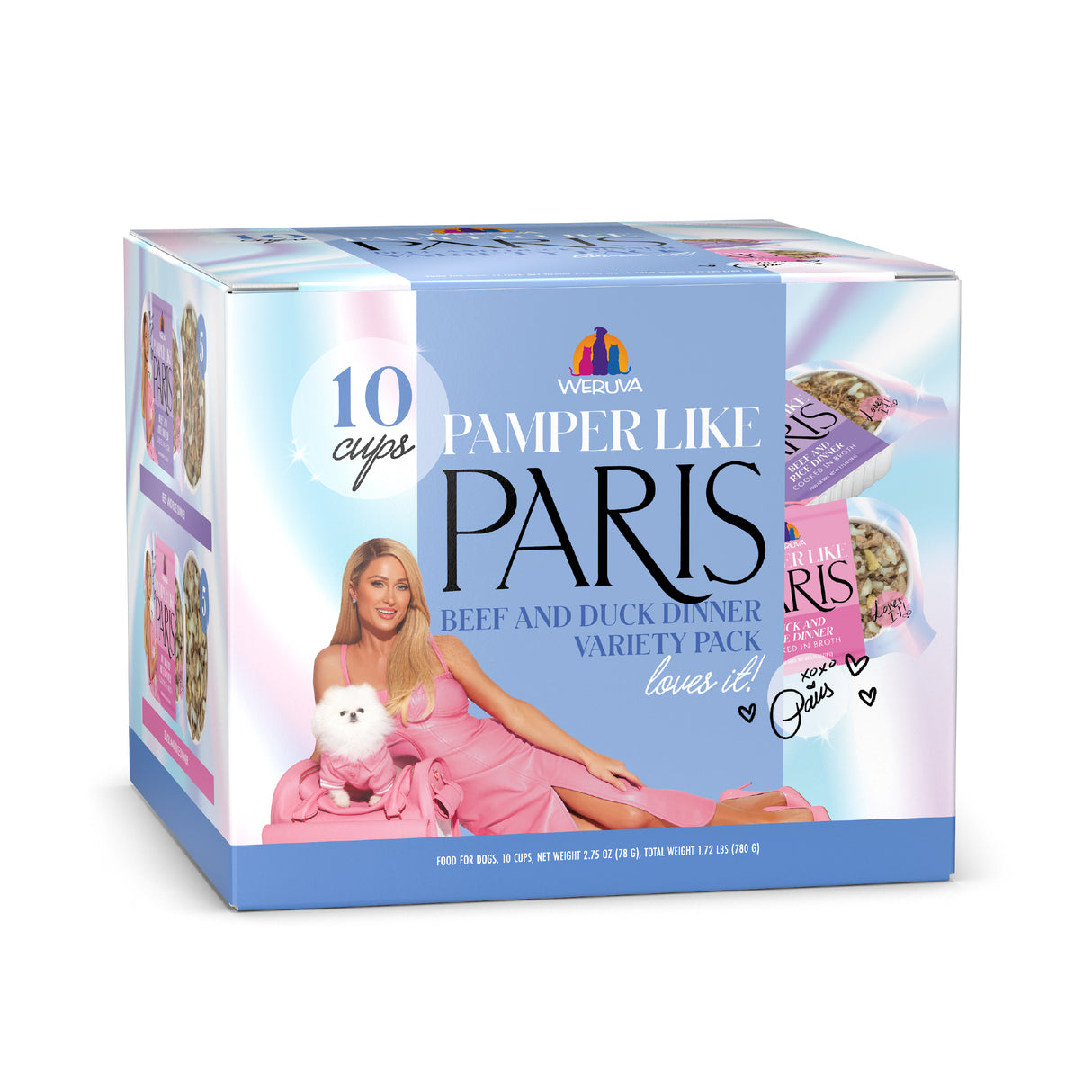 A box of Weruva Beef and Duck Dinner dog food on a white background, featuring premium beef to delight your pup’s taste buds.