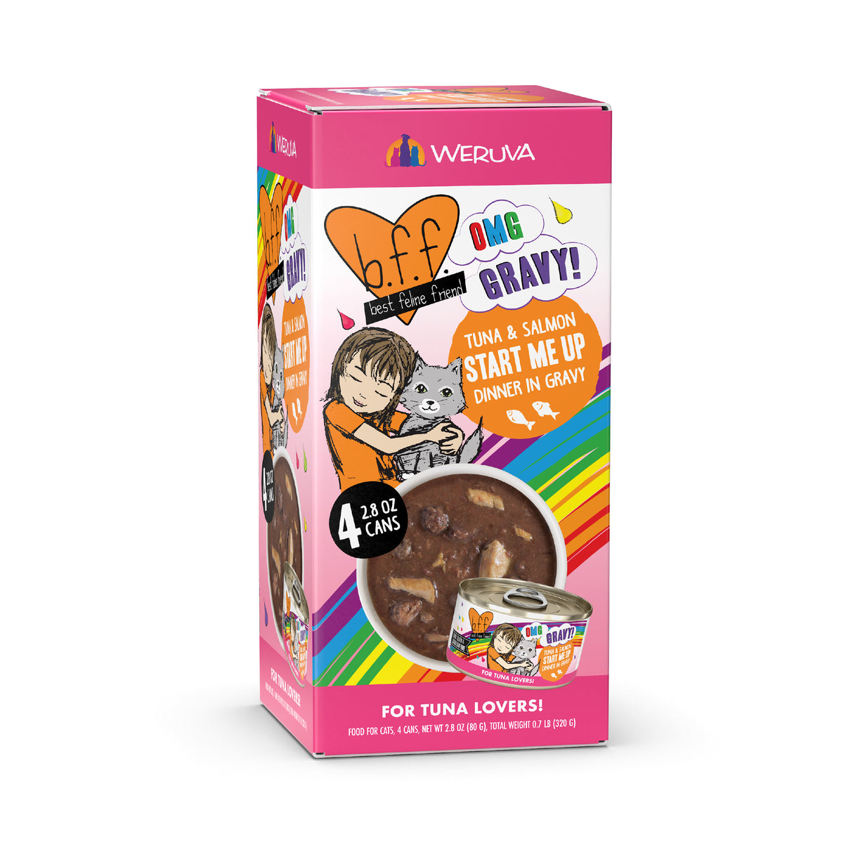 A bright box of BFF Best Feline Friend Tuna & Salmon Start Me Up features wild-caught tuna and salmon in gravy for cats. The packaging shows a cartoon girl hugging a cat, rainbow accents, and images of the food.