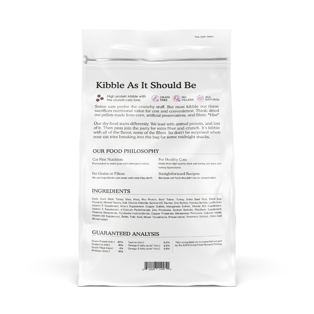 The back of a Cat Person Duck & Turkey Dry Food bag displays its philosophy, ingredients, nutrition facts, and highlights like high protein and all-natural. Black text on a white background.