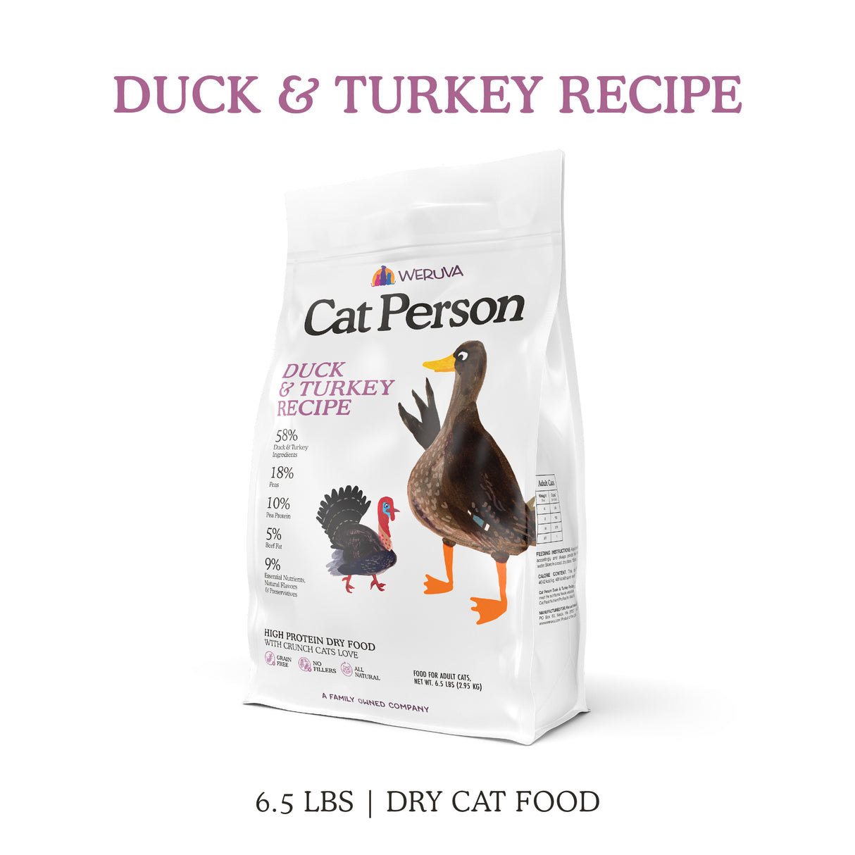 A 6.5 lb white bag of Cat Person Duck & Turkey Dry Food features illustrated duck and turkey on the front, along with nutrition info, making it a healthy, grain-free dry cat food for your feline.