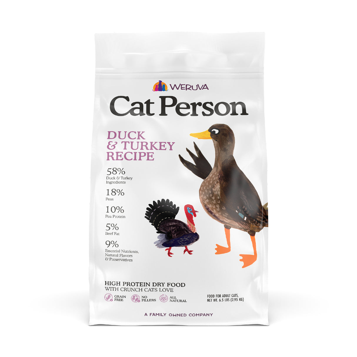 A white bag of Cat Person Duck & Turkey Dry Food displays illustrated duck and turkey, nutrition info, and the Cat Person logo on the front.