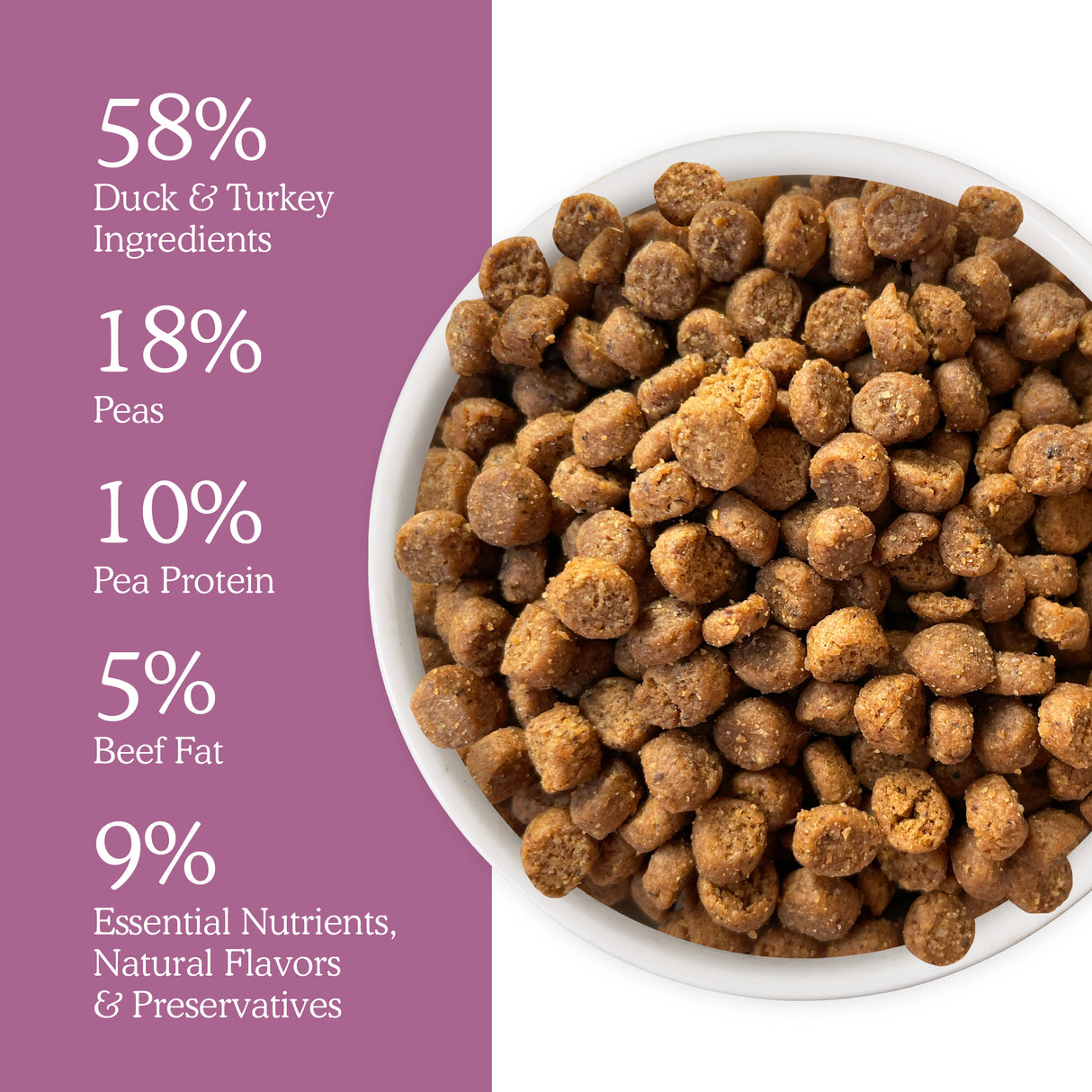 On the right is a bowl of brown kibble. On the left, a purple background lists Cat Person Duck & Turkey Dry Food ingredients: 58% duck & turkey, 18% peas, 10% pea protein, 5% beef fat, and 9% nutrients, flavors, and preservatives.
