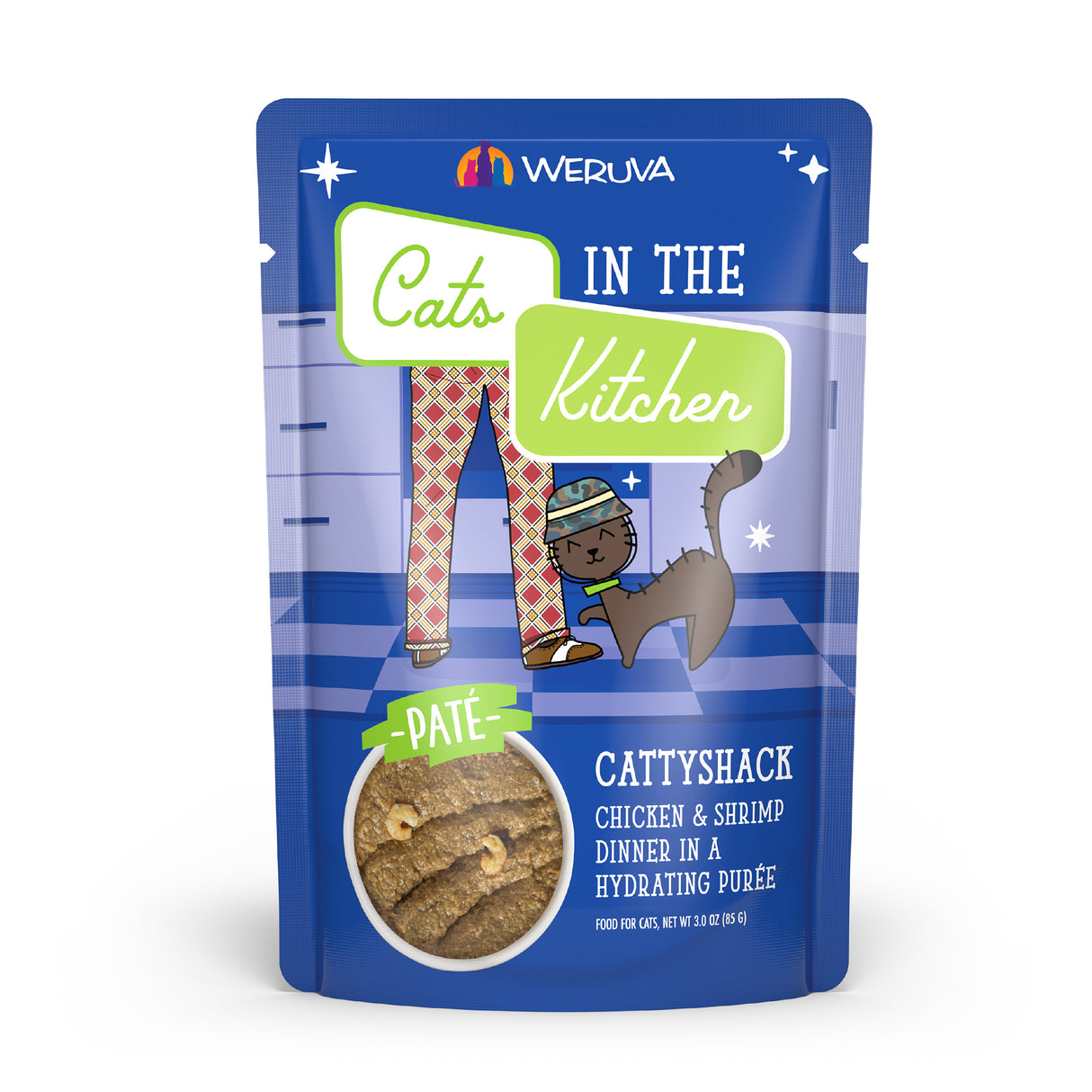 A blue Slide N’ Serve pouch of Cats in the Kitchen Cattyshack cat food, showing an illustrated cat in a hat by pajama-clad legs, with a label highlighting cage-free chicken and shrimp in hydrating purée.
