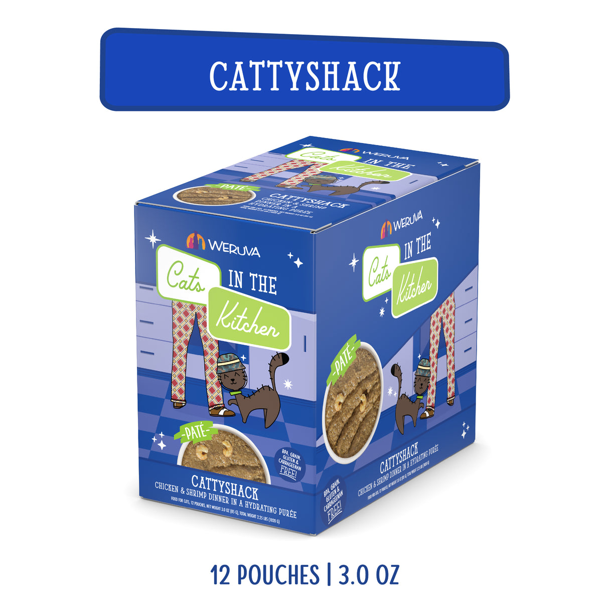 A blue box of Cats in the Kitchen Cattyshack features a cat and person’s legs; includes 12 Slide N’ Serve 3.0 oz pouches with cage-free chicken & duck pâté.