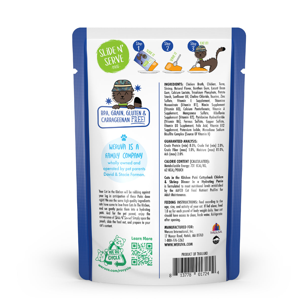 Back of a Cats in the Kitchen Cattyshack pouch with ingredients, nutrition facts, feeding tips, and black cat art. Features: BPA-free, grain-free, gluten-free, carrageenan-free—now with cage-free chicken and shrimp paté.