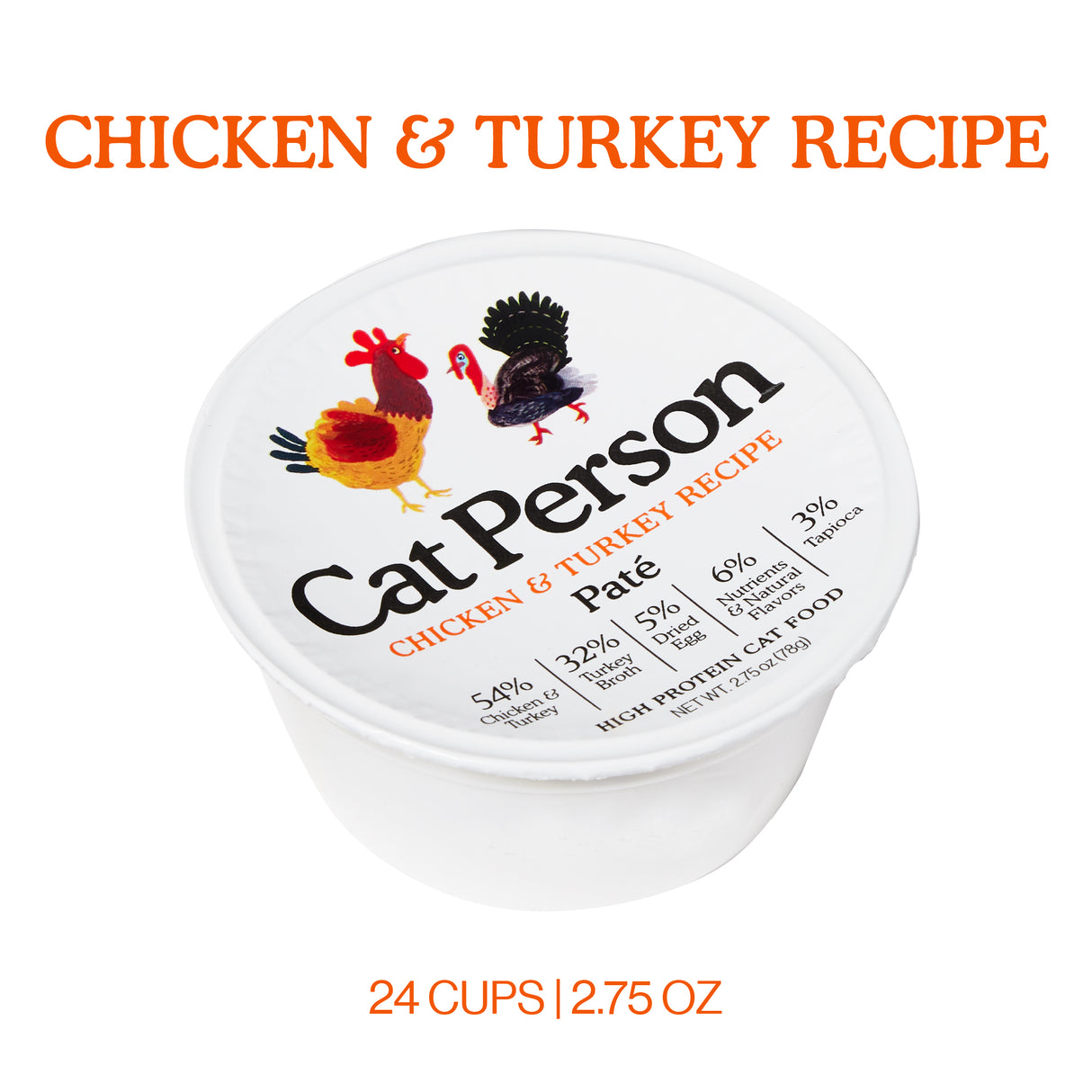 A container of Cat Person Chicken & Turkey Paté cat food featuring chicken and turkey illustrations on the lid. The label highlights protein-rich nutrition with 24 cups (2.75 oz each) for a complete, balanced meal.