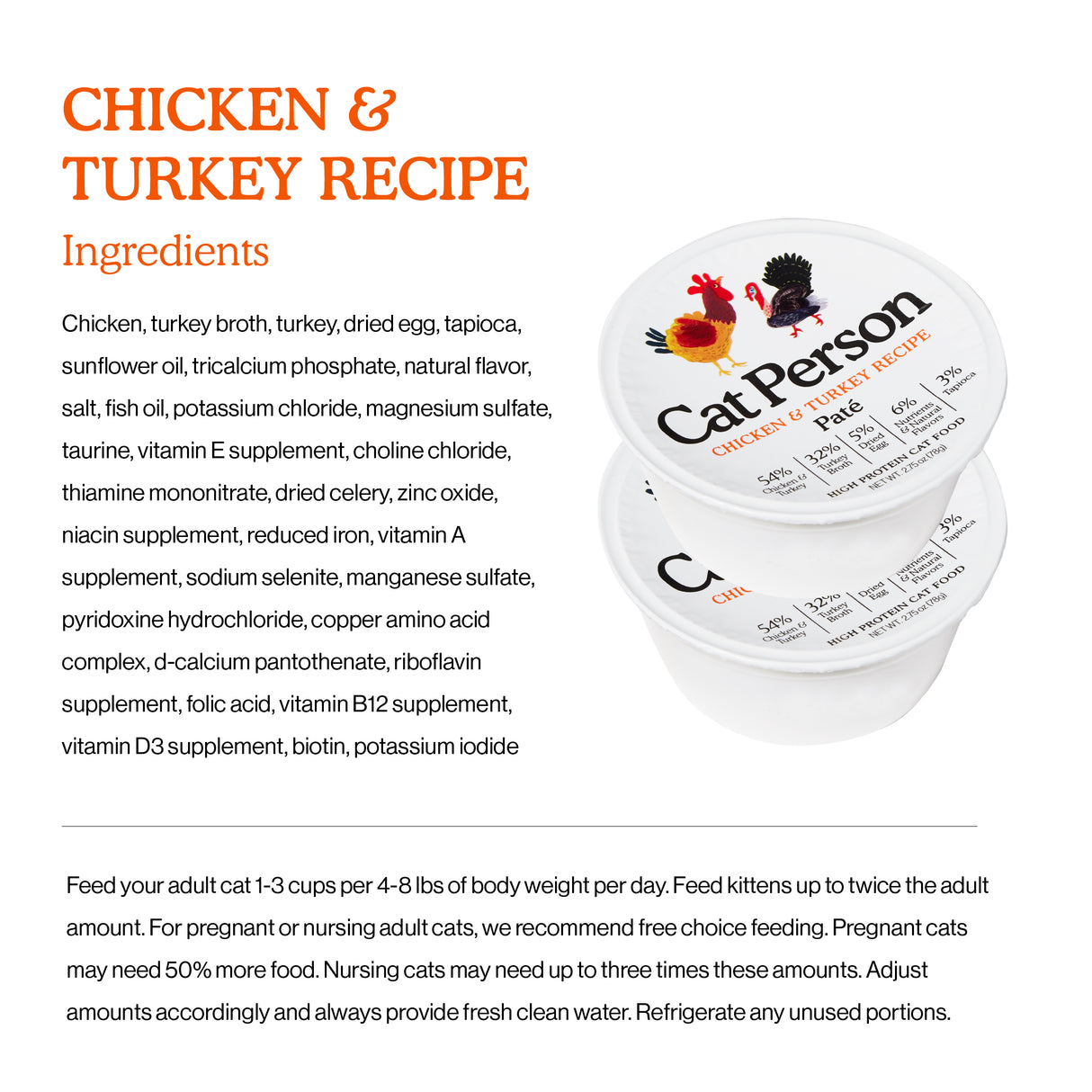 Cat Person Chicken & Turkey Paté protein-rich cat food containers for adult cats, kittens, pregnant, and nursing cats—made with high-quality chicken and turkey for complete nutrition—ingredient list and feeding instructions on a white background.