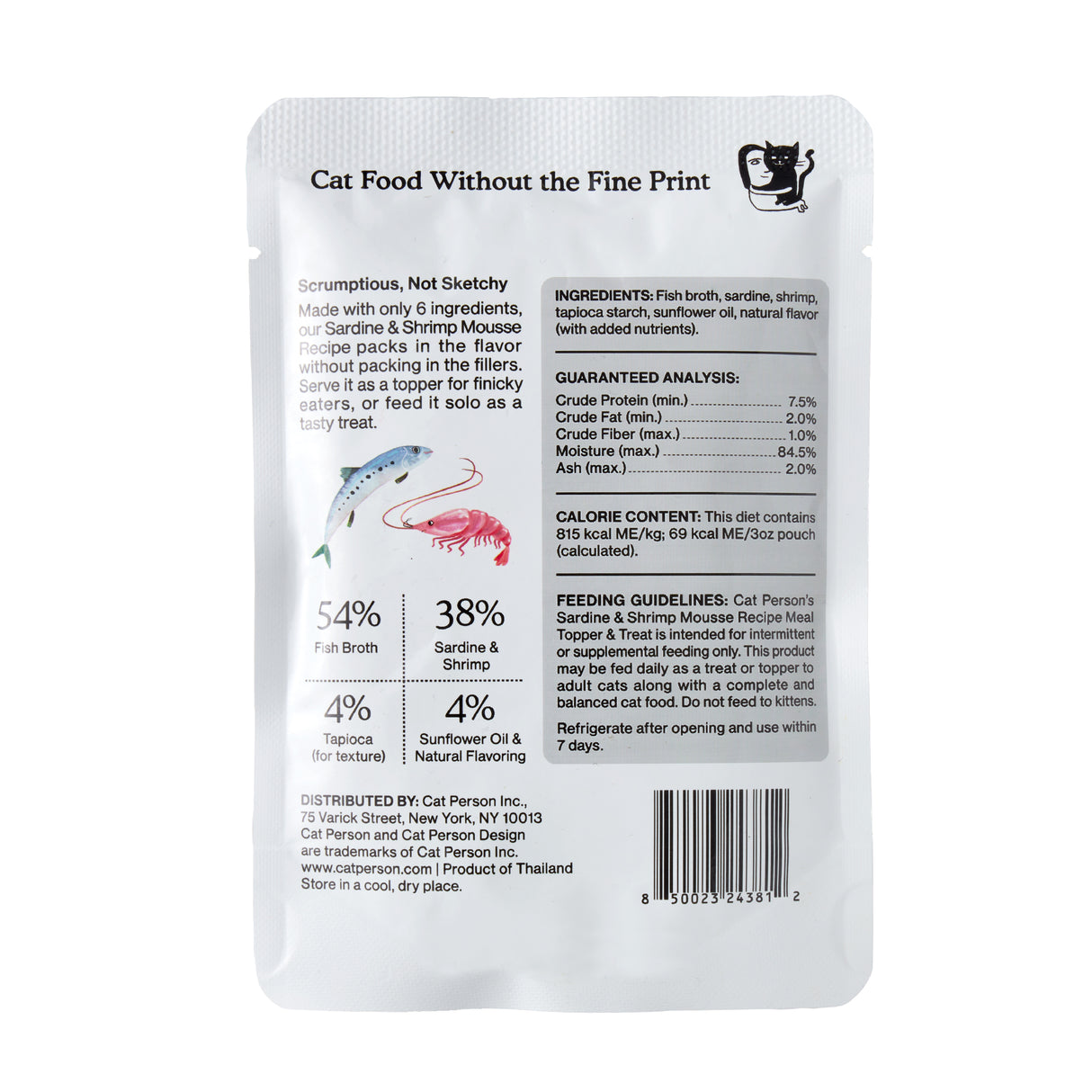 Back of Cat Person’s Sardine & Shrimp Mousse pouch labeled “Cat Food Without the Fine Print.” Shows creamy texture, ingredients, feeding guide, nutrition facts, brand info, and an illustrated ingredient breakdown chart.