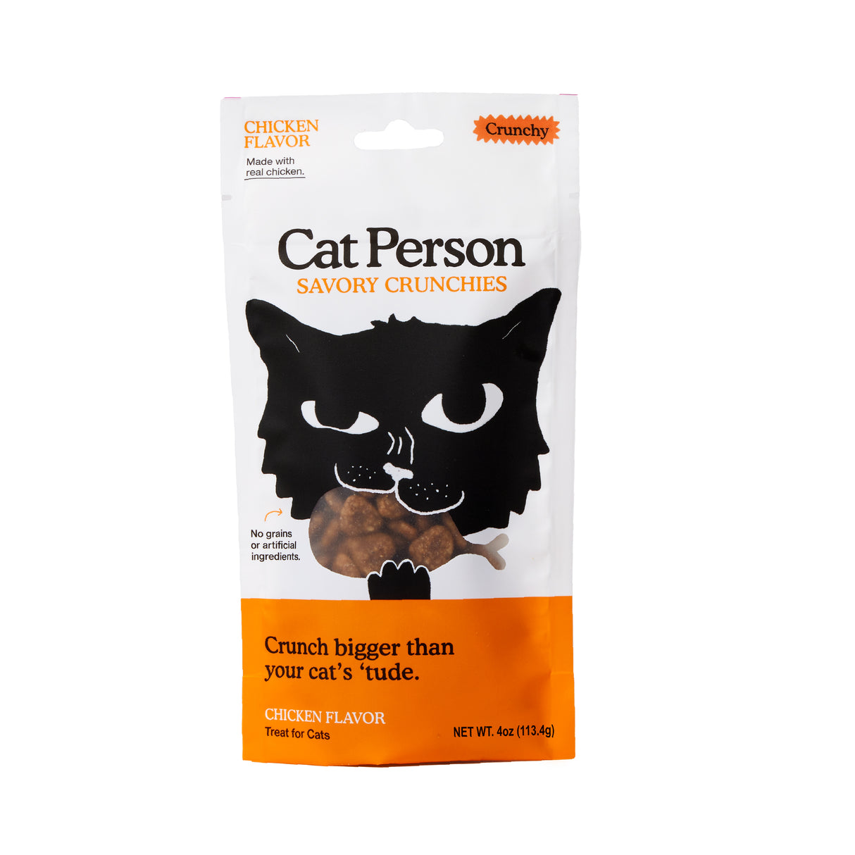 A white and orange bag of Cat Person Chicken Savory Crunchies cat treats, featuring a black cat illustration with the treat in its mouth, and a highlight: "Crunch bigger than your cat’s tude." Low calorie chicken flavor.