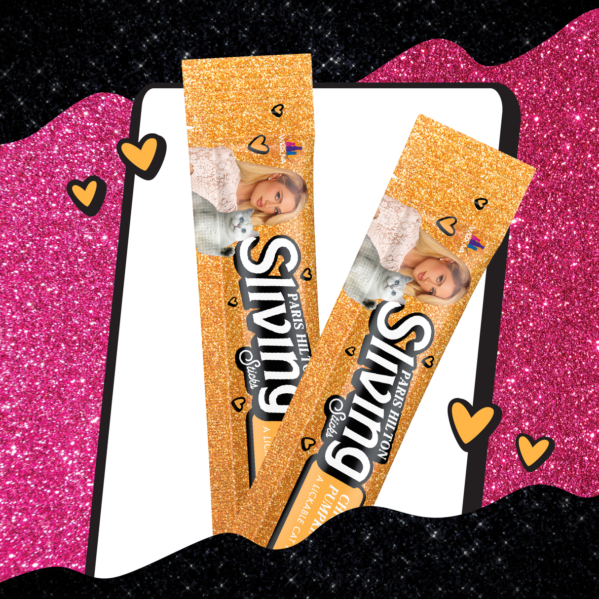Two glittery gold packs of Weruva Lickable Chicken & Pumpkin Cat Treats—featuring a woman’s photo—rest on a white rectangle with pink and black glittery backgrounds and small gold heart doodles.