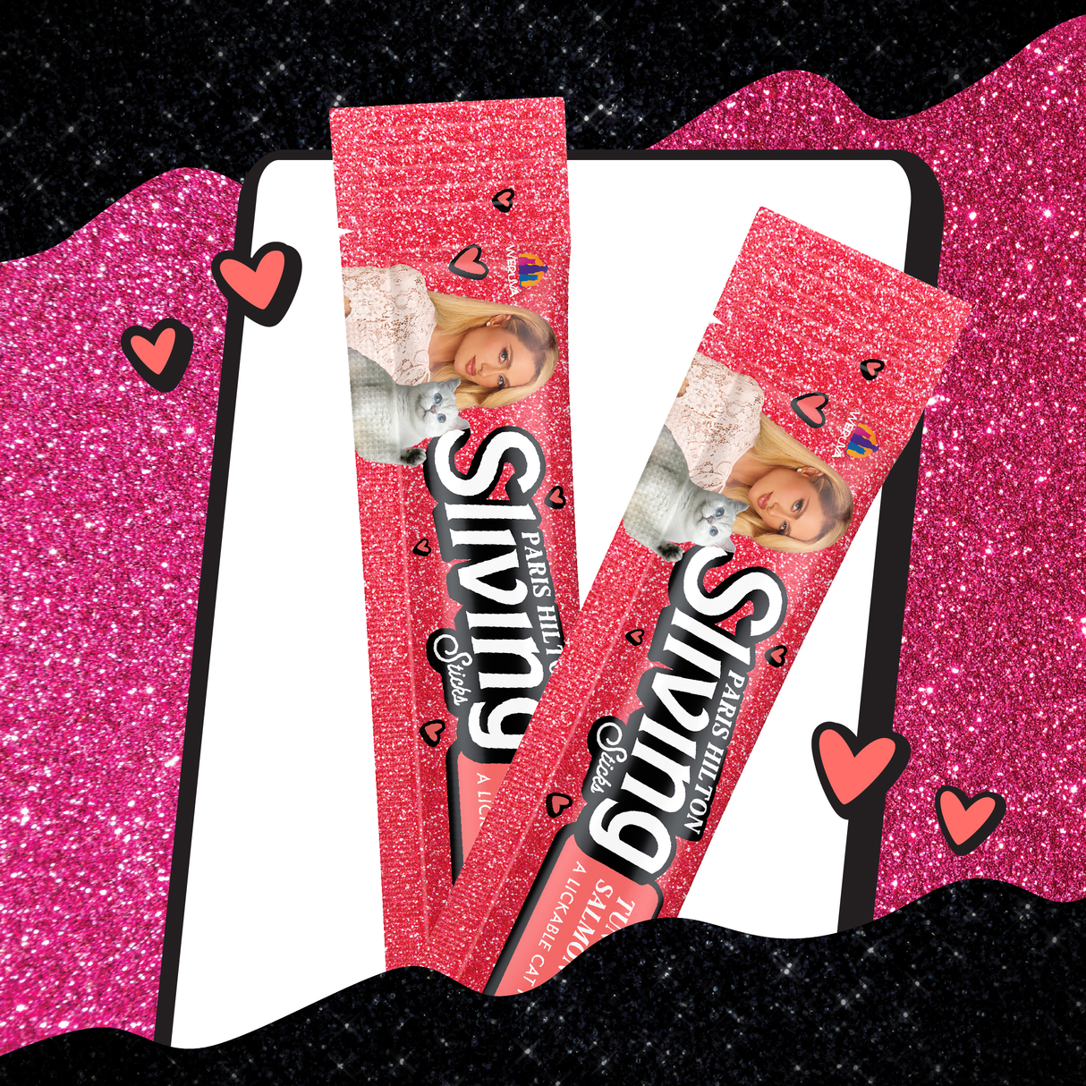 Two pink, glittery stick packs labeled "Sliving" with a woman's photo and hearts are set against a sparkling pink and black background—perfectly reflecting Weruva’s Lickable Tuna & Salmon Cat Treat.