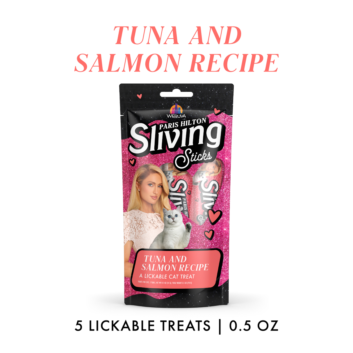 A package of Weruva Lickable Tuna & Salmon Cat Treats, 5 hydrating stick treats (0.5 oz total), featuring a tuna and salmon recipe for cats.