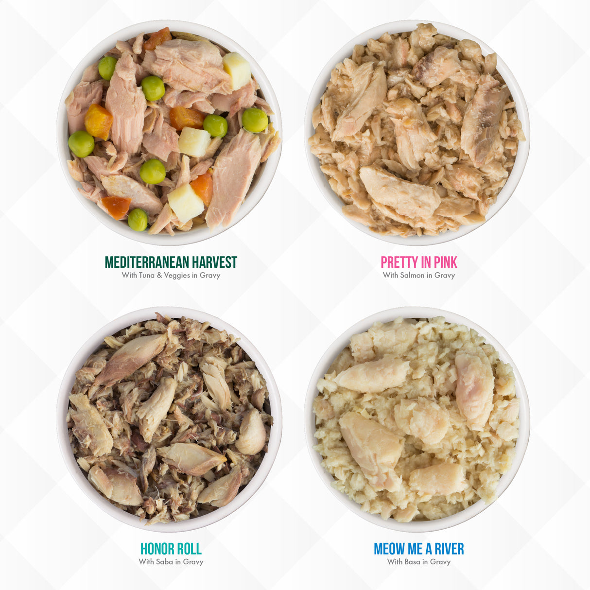 Four bowls of TruLuxe TruSurf cat food, featuring Mediterranean Harvest (tuna & veggies), Pretty in Pink (wild-caught salmon in gravy), Honor Roll (saba in gravy), and Meow Me a River (bass in gravy) for refined nutrition.