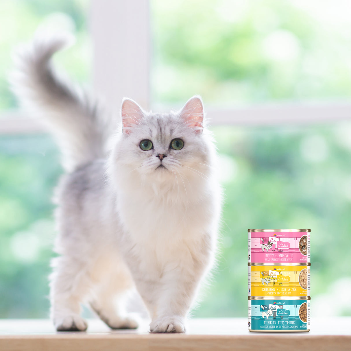 A fluffy white and gray cat with green eyes stands beside a stack of three colorful cans of Cats in the Kitchen "Kitchen Cuties" grain-free cat food in front of a bright window with a green outdoor view.