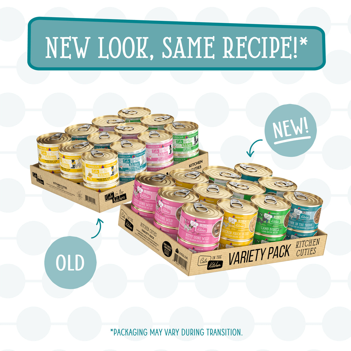 Two trays of Cats in the Kitchen Kitchen Cuties high-protein cat food, one labeled “Old,” one “New” with a more colorful design. Text reads: “New look, same recipe!” and “Packaging may vary during transition.”.