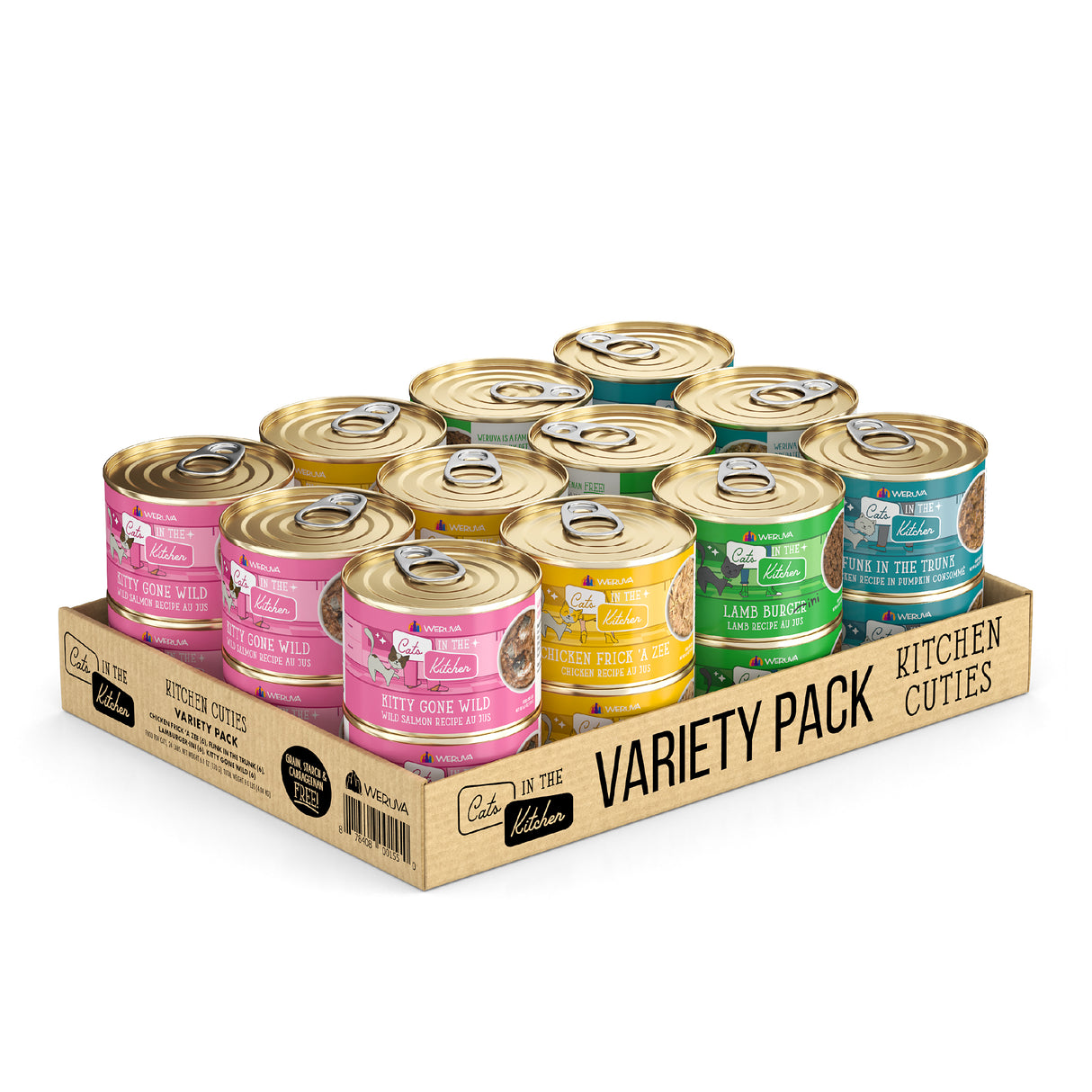 A cardboard tray labeled "Variety Pack Kitchen Cuties" from Cats in the Kitchen holds twelve grain-free wet cat food cans in assorted flavors with pink, yellow, and green labels.