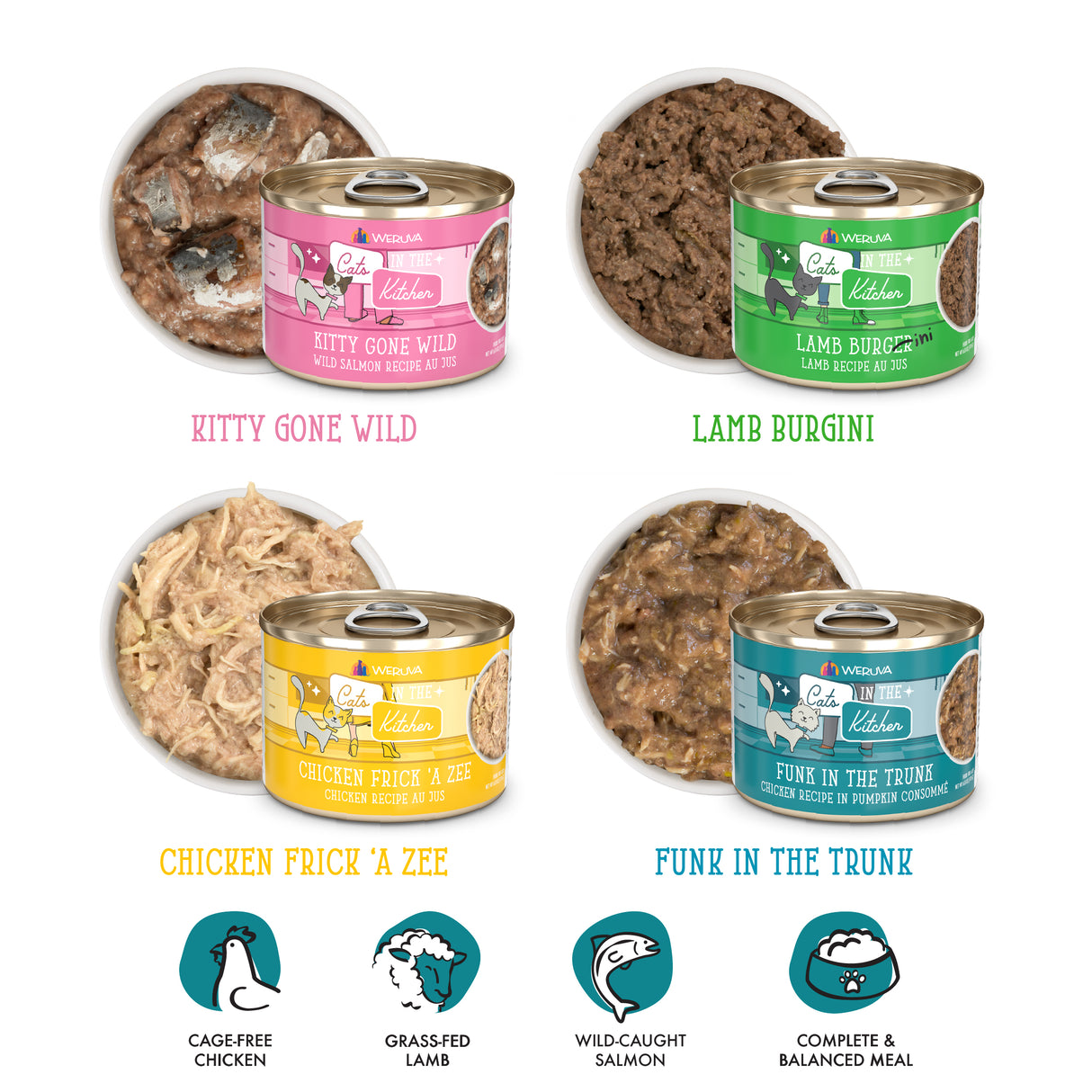 Four flavors of Cats in the Kitchen Kitchen Cuties wet cat food are shown, each with a can and serving—delicious grain-free meals, featuring icons for key ingredients and balanced nutrition below.
