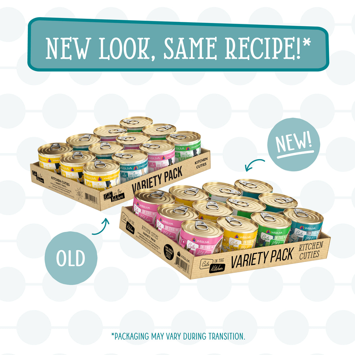 Two trays of Cats in the Kitchen Kitchen Cuties variety pack cat food are shown. The OLD tray has colorful cans; the NEW! tray features a refreshed look but offers the same grain-free flavors and recipe. New look, same recipe!.