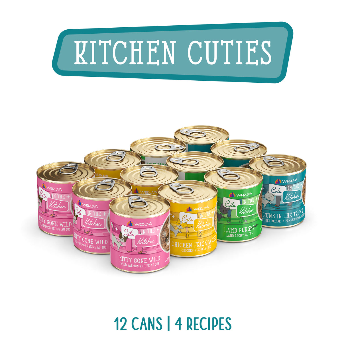 Twelve cans of Cats in the Kitchen’s Kitchen Cuties wet cat food, featuring 4 grain free recipes in pink, yellow, green, and blue cans arranged in rows, with “Kitchen Cuties” on top and “12 CANS | 4 RECIPES” below.