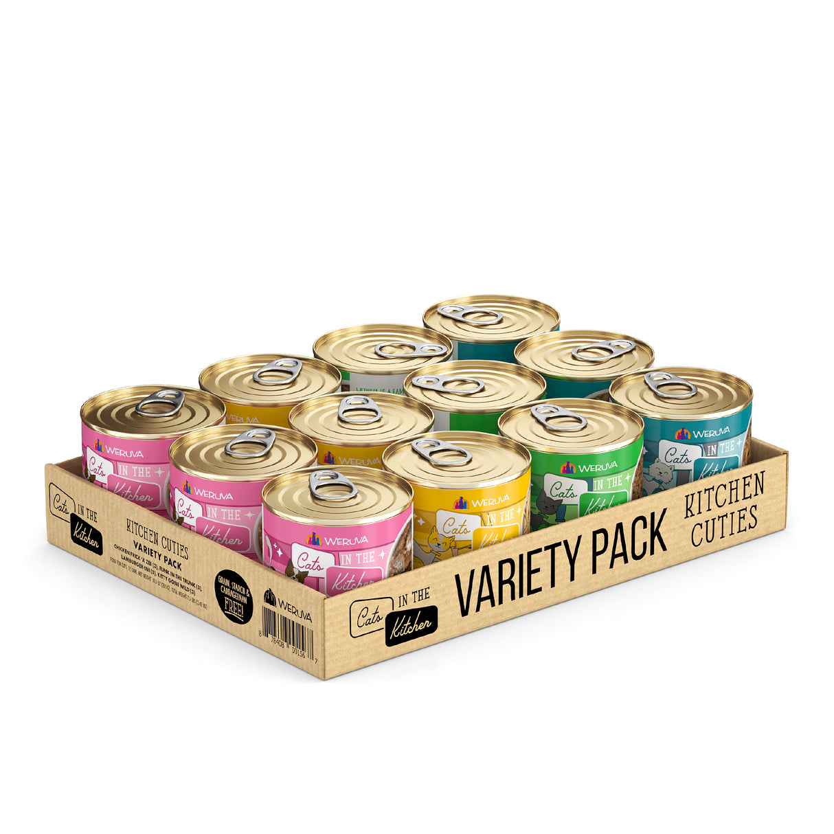 A cardboard tray labeled “Kitchen Cuties” from Cats in the Kitchen holds 12 cans of grain-free wet cat food with gold lids and various labels, neatly arranged in three rows of four.