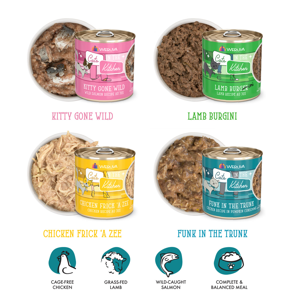 Four cans of Cats in the Kitchen Kitchen Cuties grain free wet cat food are shown with contents displayed—each a balanced, high-protein meal featuring chicken, lamb, and salmon.