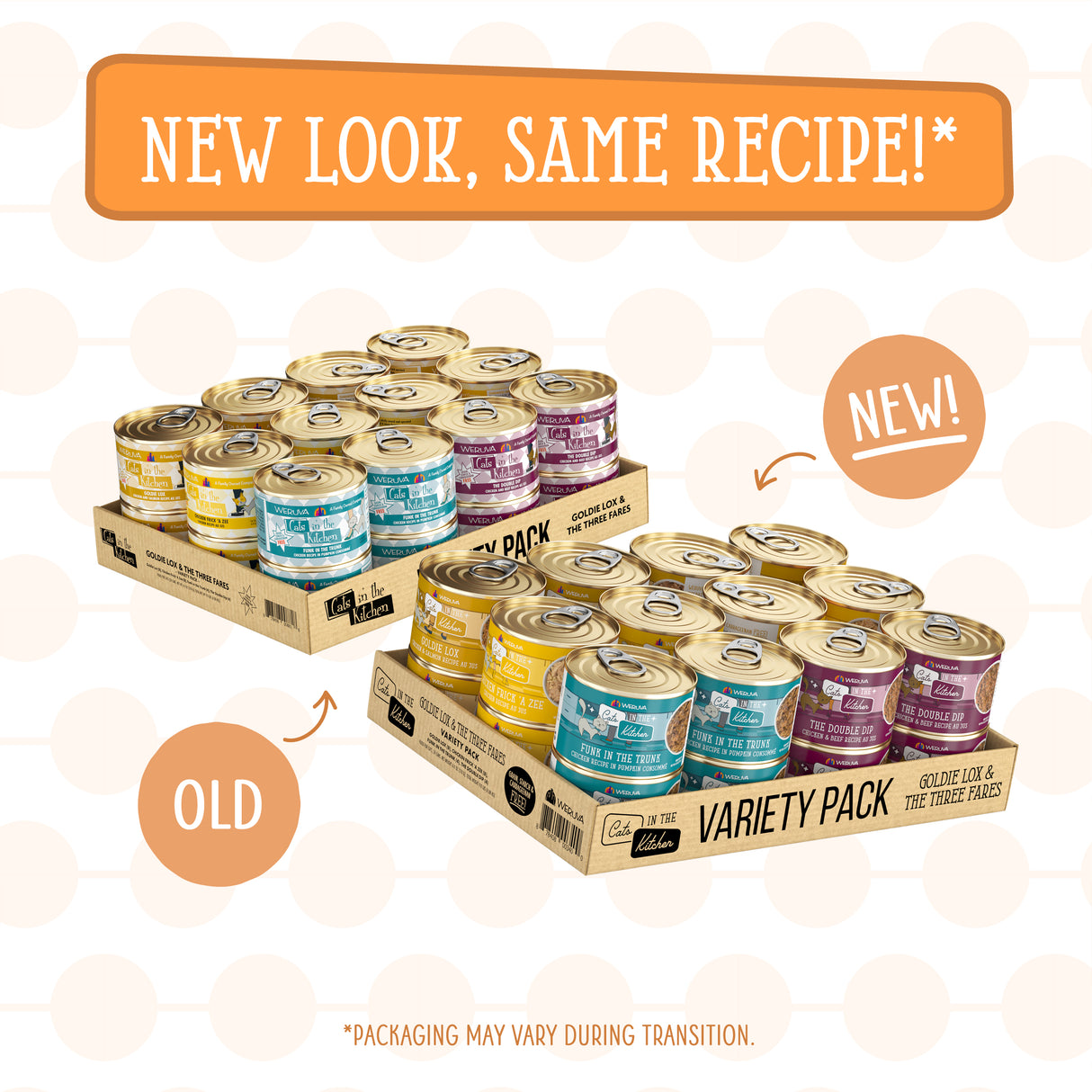 Image shows two packs of Cats in the Kitchen Goldie Lox & The Three Fares high protein cat food. OLD pack has the previous design; NEW pack features updated labels. Text: New look, same recipe! Packaging may vary during transition.