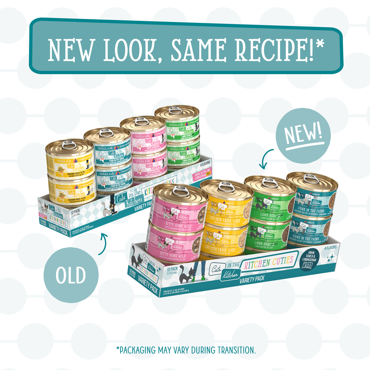 Two trays of canned cat food, labeled “old” and “new,” show Cats in the Kitchen’s Kitchen Cuties with updated packaging. Text reads: New look, same recipe! Enjoy our grain-free Kitchen Cuties cat food with a fresh design.