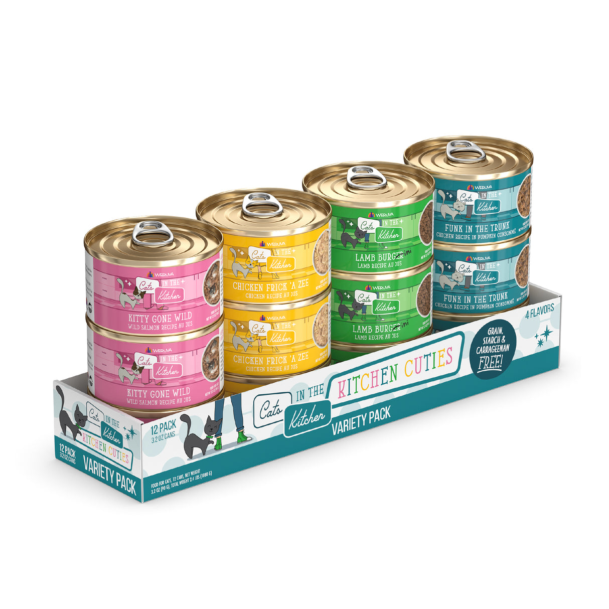 A 12-pack Kitchen Cuties variety set by Cats in the Kitchen, featuring grain free, high protein wet cat food flavors: Kitty Gone Wild (pink), Chicken Frick ‘A Zee (yellow), and Funk in the Trunk (green), all in a tray.