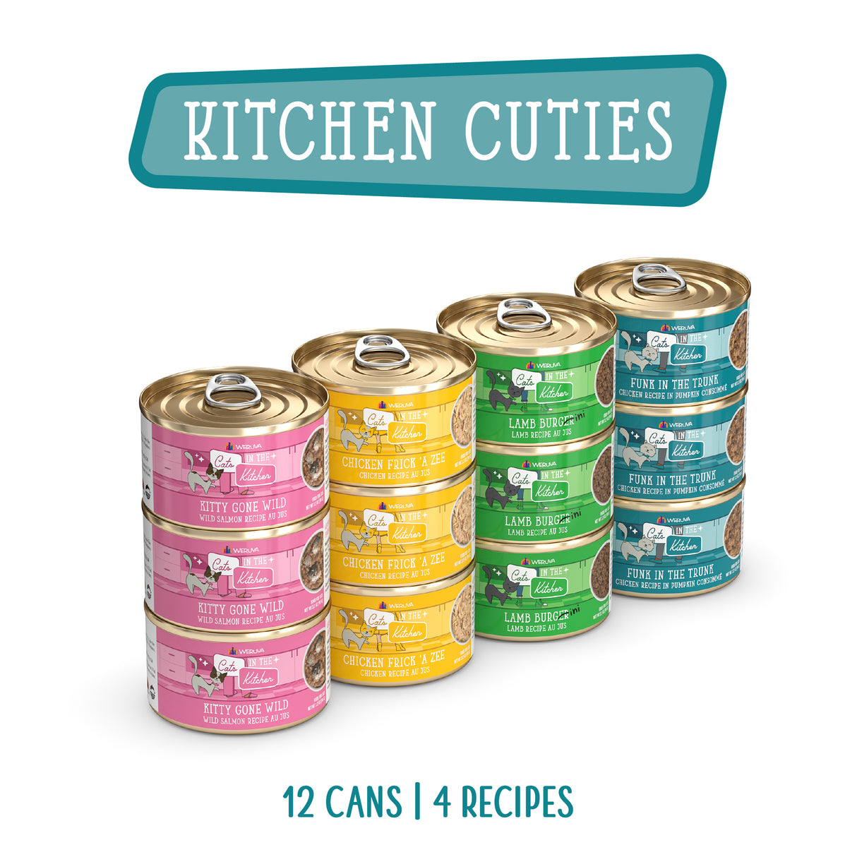 Four stacks of Cats in the Kitchen's Kitchen Cuties wet cat food cans in pink, yellow, green, and teal labels are shown. 12 CANS | 4 RECIPES appears below, with each stack representing a different grain free recipe or flavor.