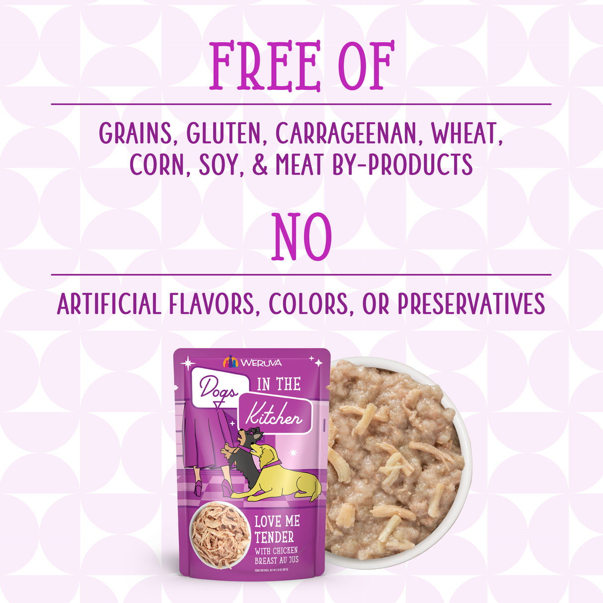 A package of Dogs in the Kitchen Love Me Tender, a high-protein dog food made with cage-free chicken.