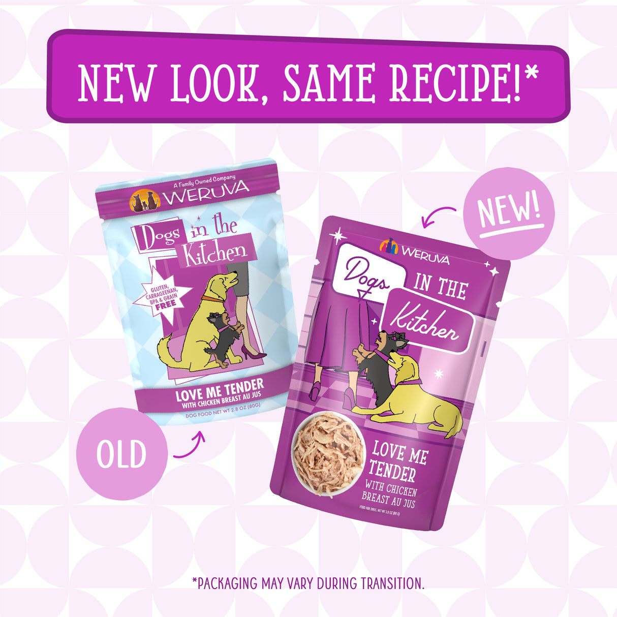 Two purple packages of Dogs in the Kitchen Love Me Tender dog food are shown: the left is labeled old, and the right, with a new look, is labeled new. Text above reads: New Look, Same Recipe—now with cage-free chicken!.