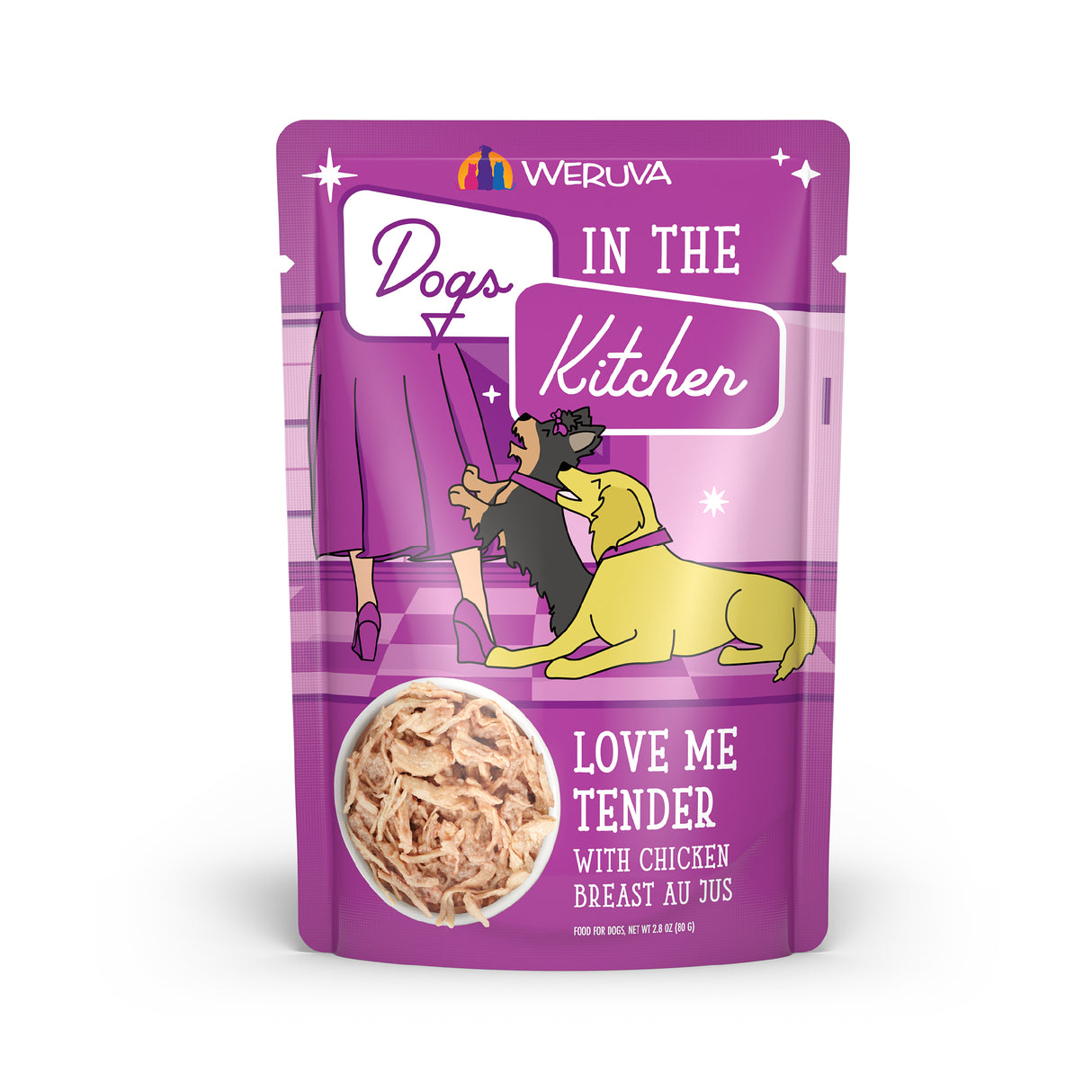 A purple pouch of Dogs in the Kitchen Love Me Tender high-protein dog food features a woman in a skirt with two dogs and a window showing the cage-free chicken flavor inside.