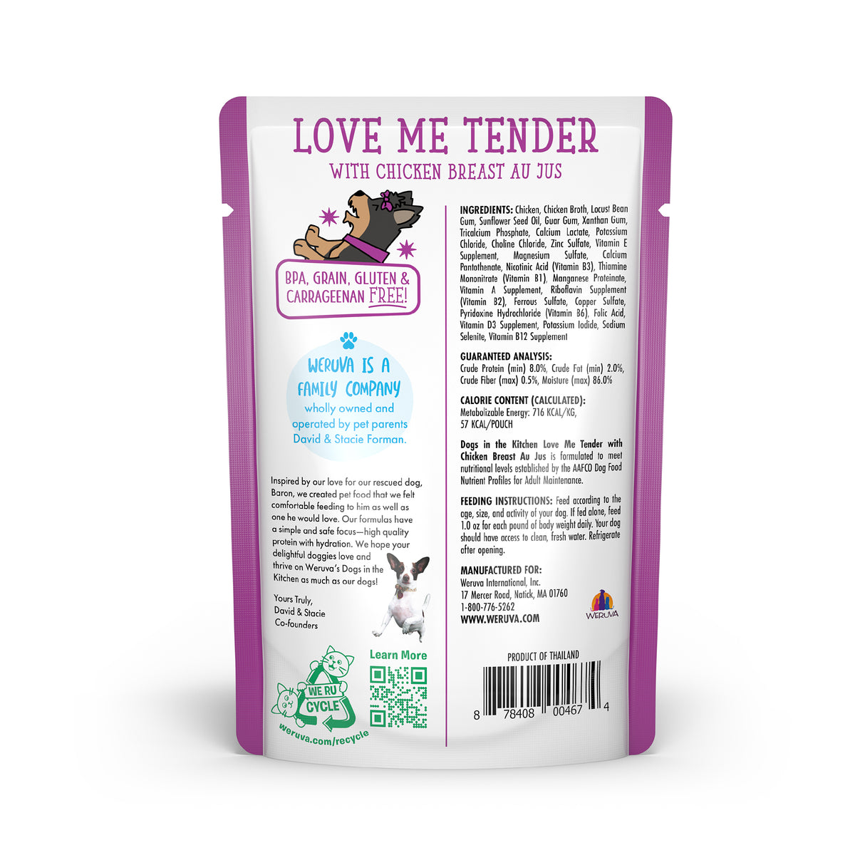 Back view of a Dogs in the Kitchen “Love Me Tender” cage-free chicken cat food pouch showing product info, ingredients, high-protein content, feeding instructions, company details, and animal illustrations with purple and white branding.