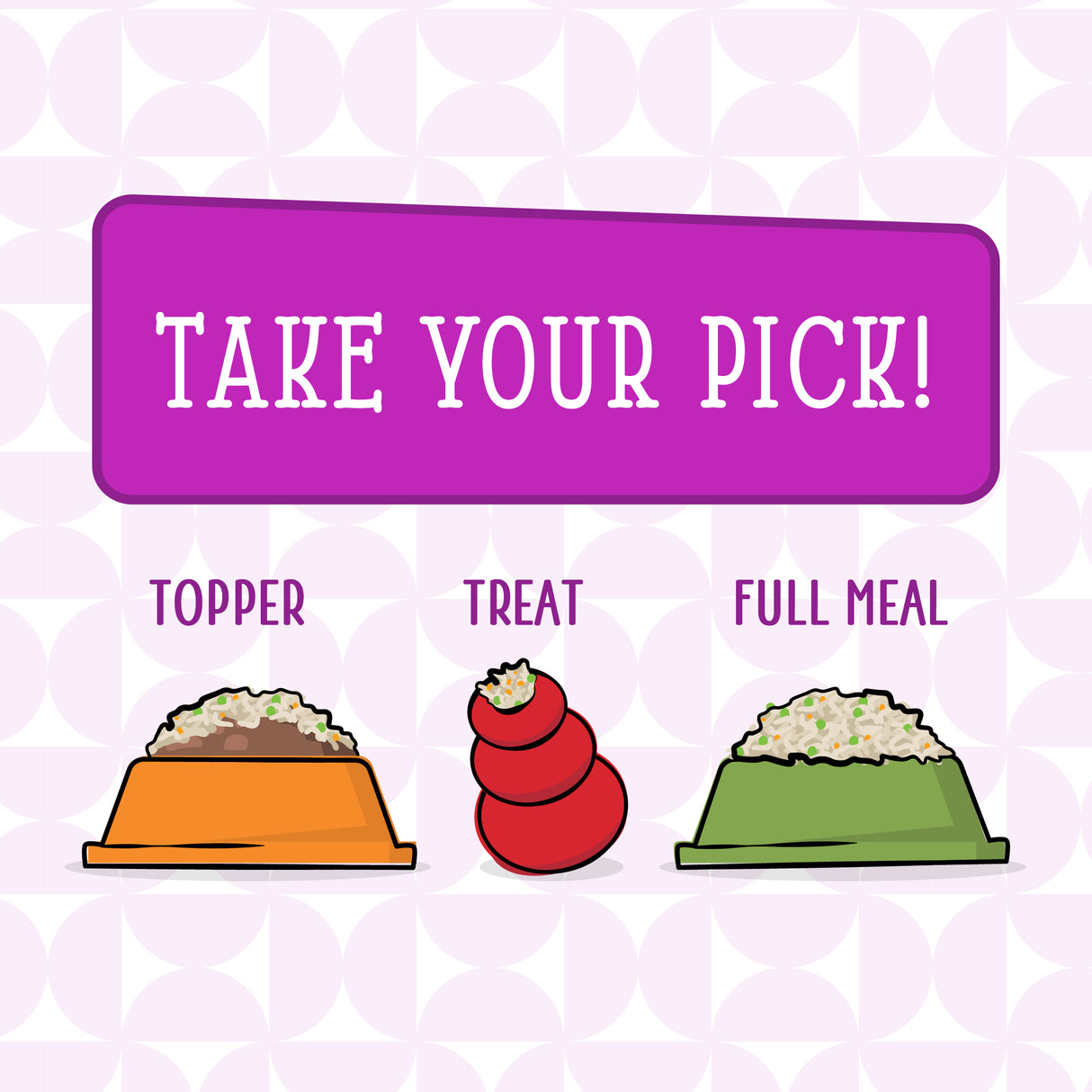 Illustration with the text “TAKE YOUR PICK!” above three options: an orange bowl labeled “Topper,” a red treat toy labeled “Treat,” and a green bowl labeled “Full Meal”—each featuring Dogs in the Kitchen Love Me Tender recipes.