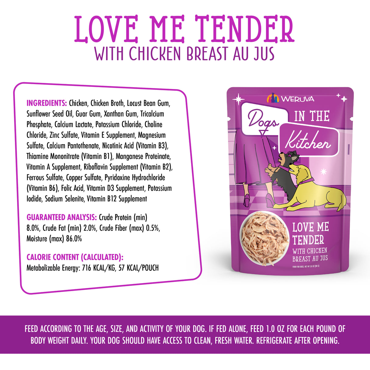 A packet of Dogs in the Kitchen Love Me Tender dog food features cage-free chicken breast au jus. The purple package shows a dog and woman, with ingredients, nutrition info, and feeding guidelines listed alongside.