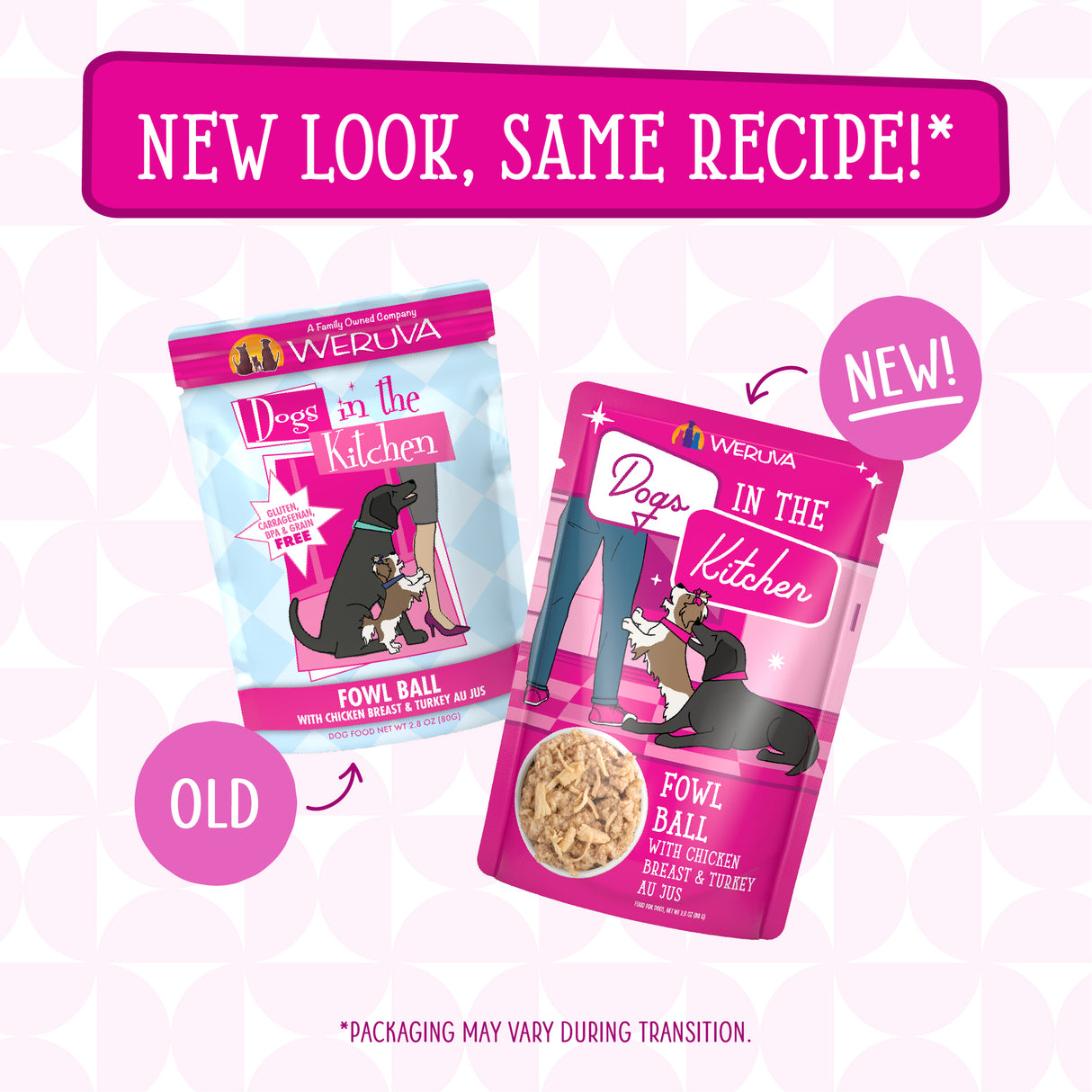 Check out the new pink and purple Dogs in the Kitchen Fowl Ball packaging! Featuring an illustrated dog and cat, it spotlights cage-free chicken in this high-protein recipe for picky eaters. New look, same great formula!.