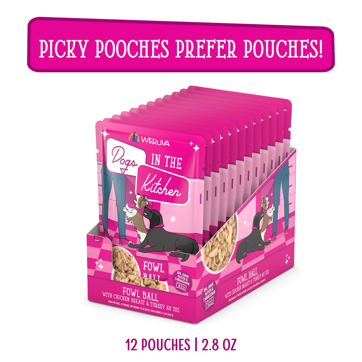 A 12-pack display box of Dogs in the Kitchen Fowl Ball, with pink packaging and cartoon dogs, featuring high-protein, cage-free chicken. Each pouch is 2.8 oz and labeled “Picky pooches prefer pouches!”.