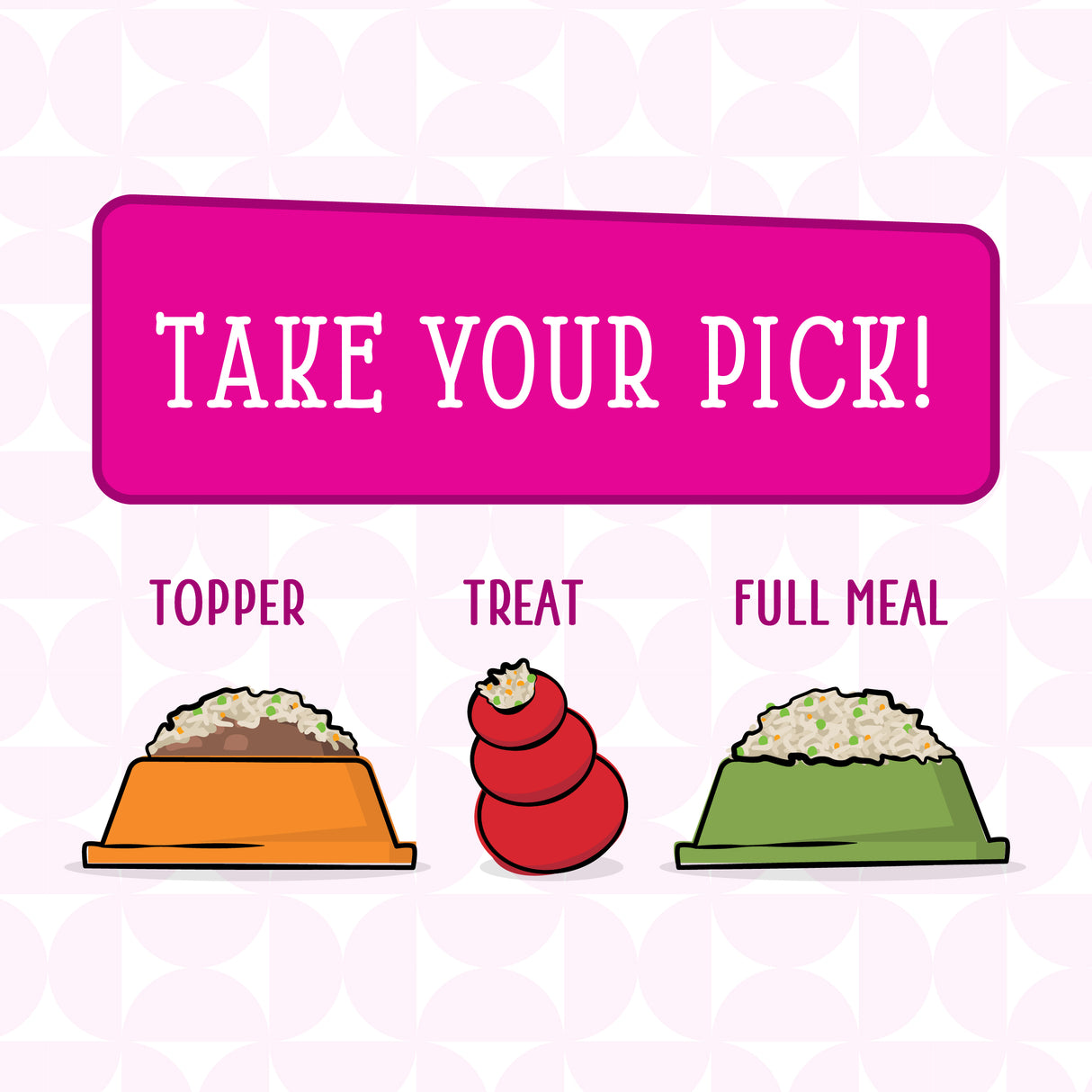 Illustration with "Take Your Pick!" above three options: a Fowl Ball Topper bowl, a Fowl Ball Treat toy, and a Dogs in the Kitchen Full Meal bowl—great for picky pups needing high-protein food—on a fun patterned background.